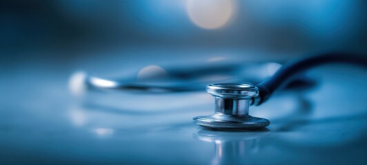 The stethoscope resting on a surface in a calming blue environment.