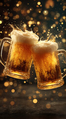 Two mugs of frothy beer clinking together with splashes and golden bokeh lights toasting celebration