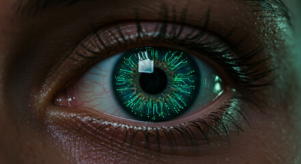 Obraz premium Close-up of a human eye with a digital circuit design reflected on the iris, depicting tech integration.
