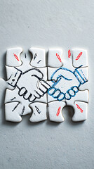 Six white jigsaw puzzle pieces with hand drawn handshake illustration and red accents on white surface Keywords: jigsaw puzzle, puzzle pieces