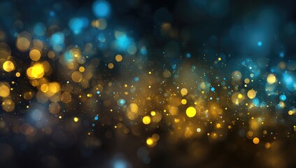 Abstract background of blurred golden and teal lights, varying in size and intensity, creating a dreamy, atmospheric effect against a dark backdrop