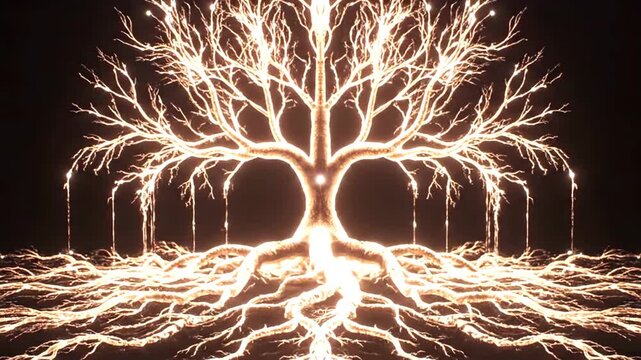 Luminous animation of a mythical golden tree of life growing and spreading its glowing roots
