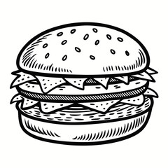 Classic double cheeseburger drawing with sesame seeds on bun, perfect for food menus, posters, and culinary branding projects, capturing deliciousness