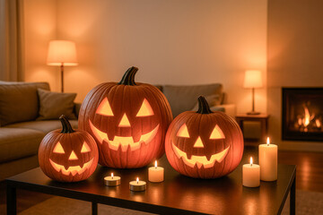 Cozy living room decorated for Halloween with three glowing jack-o&rsquo;-lantern pumpkins and candles on a coffee table, warm lights and fireplace in the background, festive seasonal holiday atmosphere