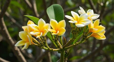 Fototapeta premium A Close-up of a Cluster of Fragrant Yellow and White Frangipani Flowers with Green Leaves in the Background