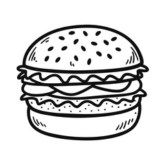 Bold hand-drawn burger illustration with a classic diner style, perfect for menus, logos, and culinary branding, evoking delicious comfort food.