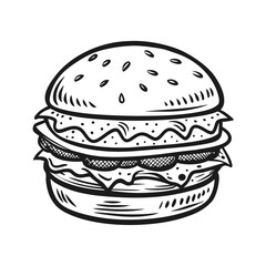 Enjoy a deliciously stacked gourmet burger illustration, perfect for food menus, restaurant branding, and culinary advertising, capturing classic American diner style with bold linework.
