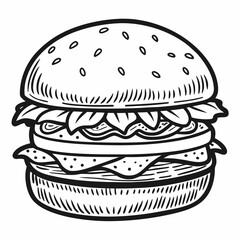 Classic black and white sketch of a hearty hamburger with sesame seeds on the bun, perfect for restaurant menus, food blogs, or culinary art projects seeking a vintage diner feel.