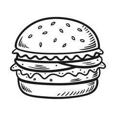 Juicy double-decker cheeseburger with sesame seed bun and fresh lettuce, a delicious hand-drawn fast food classic perfect for menus and restaurant branding.