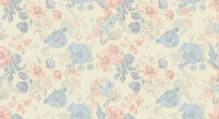 Vintage seamless floral pattern with faded pastel roses and leaves. Elegant shabby chic vector illustration for fabric or wallpaper.