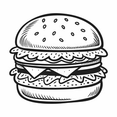 Craving a delicious, hand-drawn burger masterpiece ready to elevate your menu design or food branding projects with its classic appeal and mouthwatering detail
