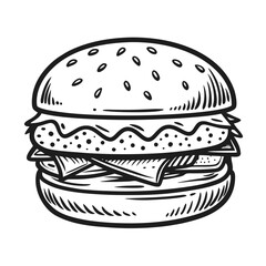 Classic hand-drawn burger illustration with sesame seed bun, juicy patty, cheese, and lettuce, perfect for food branding and menus.