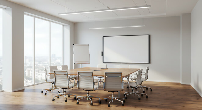 Bright, modern conference room with a large table, white chairs, and a whiteboard for collaborative work.