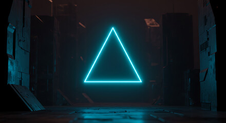 A glowing cyan triangle hovers in a dark, industrial corridor, emitting an ethereal, futuristic light.