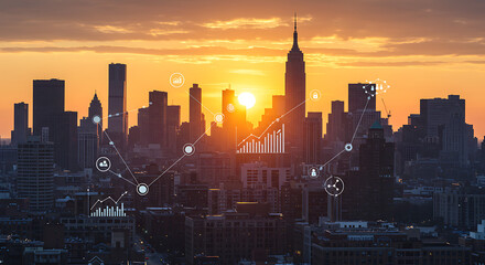 Cityscape at sunset with glowing data visualizations overlaid, representing connectivity and growth.