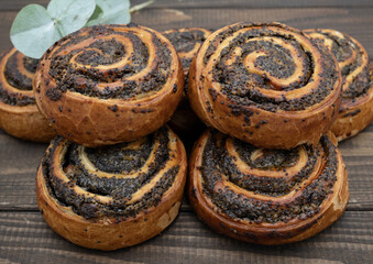 Homemade poppy seed rolls on rustic wooden background. Golden crust with sweet spiral filling, fresh baked pastry, perfect for breakfast or tea time. Traditional European dessert on a white plate.
