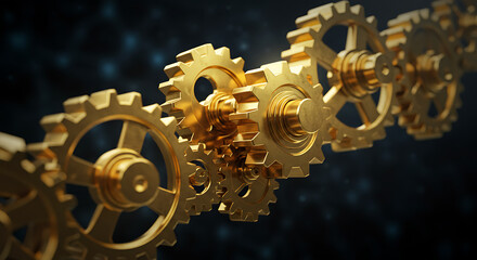 A golden chain of meshing gears, symbolizing complex systems, engineering or technological progress.