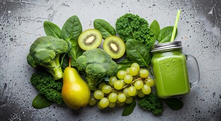 Fresh, organic vegetables like tomatoes, peppers, and cucumbers are arranged on a kitchen table and in a glass jar