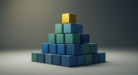 A pyramid of gradient colored cubes is topped with a yellow cube. Represents structure or hierarchy.