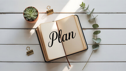 Inspirational "Plan" Concept with Open Notebook for Goal Setting on a Sunny White Wooden Desk.