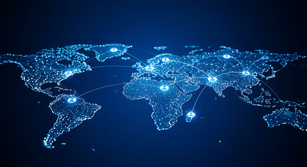 Global digital network connecting the world. Dots represent activity and networks on a world map.
