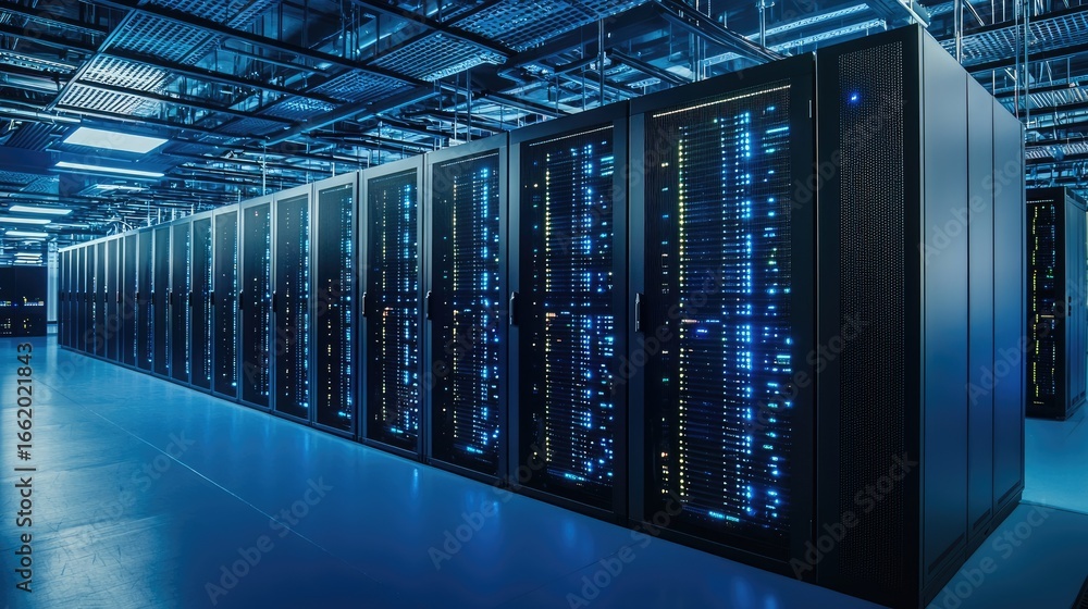 Aufkleber modern data center with illuminated blue server racks and advanced computing systems, perfect for it