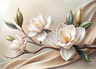 Elegant white magnolia blossoms on a branch with soft fabric drape