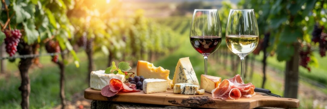 Cheeses and dried meat, slices of ham are laid out on a wooden board. There are two glasses of wine next to it. There is a vineyard in the background. A banner with space for the text. - Powered by Adobe