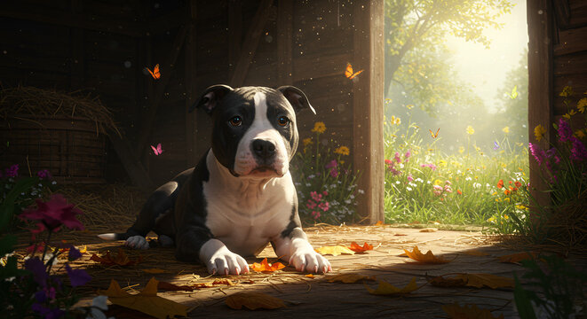 Adorable pitbull puppy resting in sunlit doorway surrounded by nature beauty - Powered by Adobe
