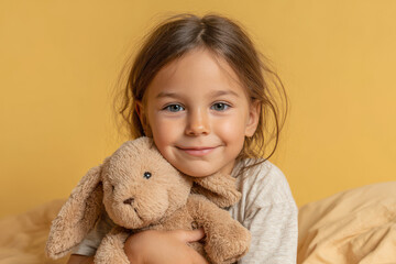 joyful child cuddles with soft toy on warm sunny day radiating feelings of safety and comfort