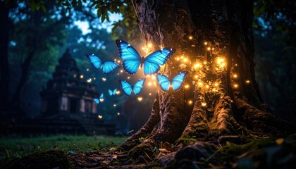 Fototapeta premium Blue butterflies around tree with temple backdrop, and fantasy forest.