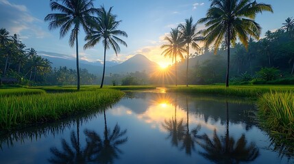Obraz premium Tranquil sunrise landscape with palm trees and water reflections