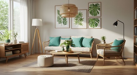 Bohemian Living Room Interior with Rattan Furniture and Tropical Decor