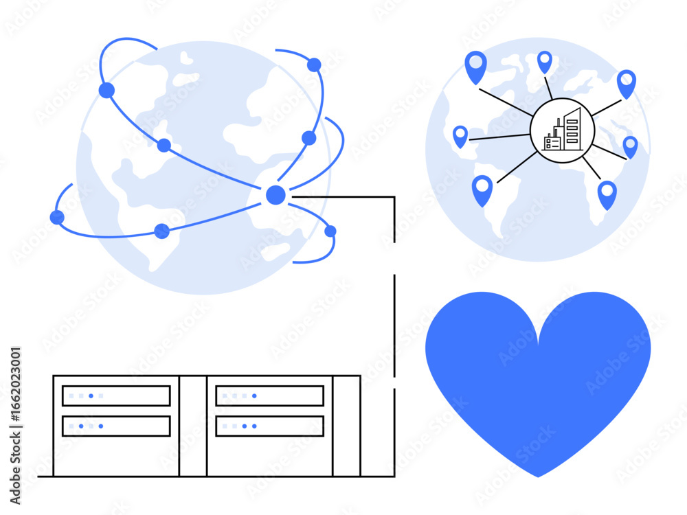 Poster globe connected via networks, location pins showing global reach, heart symbol, server units. ideal 