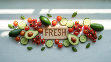 Fresh Healthy Food Concept Flat Lay with Vegetables and Wooden Sign on Sunny White Background.