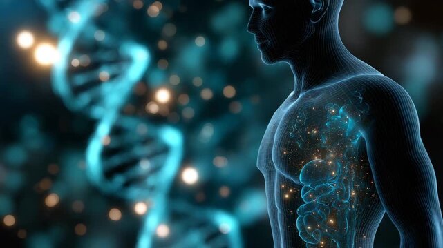 A man's body is displayed with a blue background. Conceptual human gut illustration with glowing microbiome particles and DNA helix overlay, gut microbiome test, biotech blue teal - Powered by Adobe