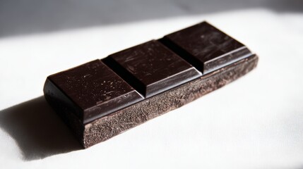 Close up of dark chocolate bar on white background highlighting rich texture and color
