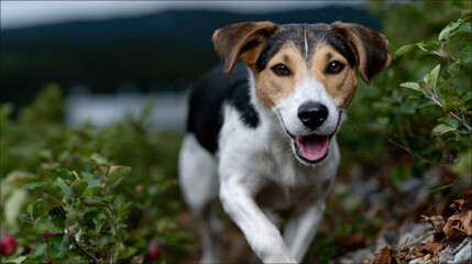 The cheerful dog is seen walking through lush greenery, exuding joy and a sense of adventure, surrounded by the tranquility of nature and a hint of blue sky in the backdrop.
