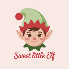 Sweet little elf lettering, cute elf face, green hat with pom, kids Christmas design, friendly holiday vector