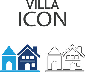 Villa icons, Line art icons design. Containing house, office, bank, school, hotel, shop, university, and hospital icons. Solid icon collection. Vector illustration.