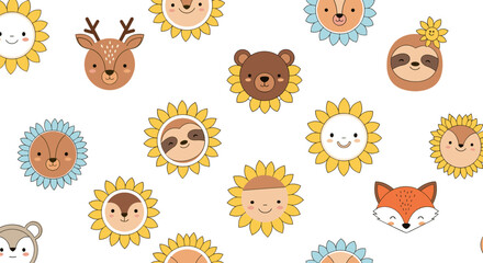 Fototapeta premium Charming woodland creatures and sunflowers adorning a cheerful backdrop