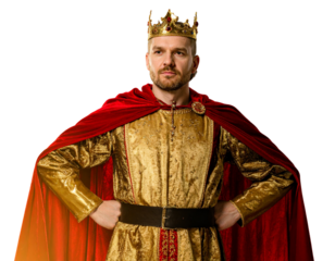 Medieval King Wearing Royal Outfit with Red Cape, Front View, Isolated Transparent Background PNG