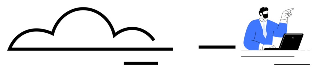 Cloud outline symbolizes digital storage with a business professional working at a laptop. Ideal for cloud computing, teamwork, remote work, innovation, futuristic technology, IT, and digital