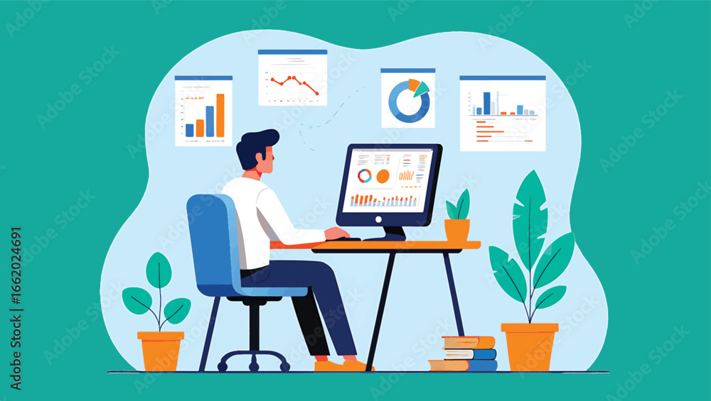 Poster business data analysis concept with a man at a desk working on a computer dashboard. flat design vec