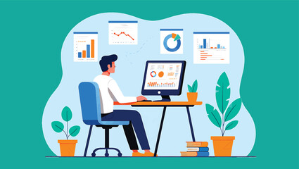 Business data analysis concept with a man at a desk working on a computer dashboard. Flat design vector illustration of an office workspace.