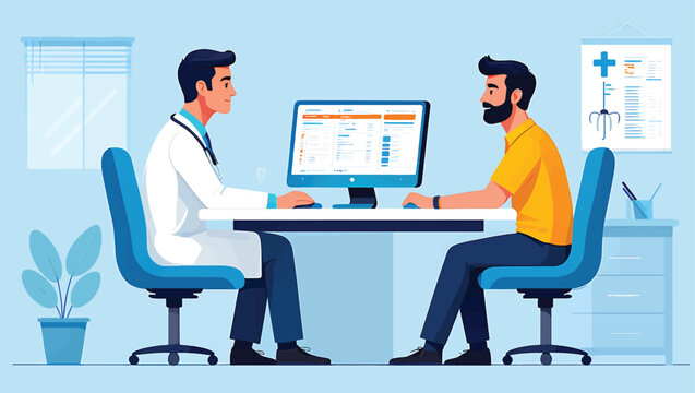 Doctor and patient discussing medical records on a computer during a consultation in a clinic. Healthcare services vector illustration.