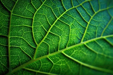 Obraz premium Close-up of a vibrant green leaf showcasing intricate vein patterns, depth of field, and rich texture