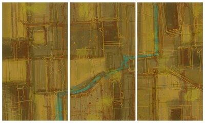 Modern interior triptych. The picture is painted by hand on a tablet.