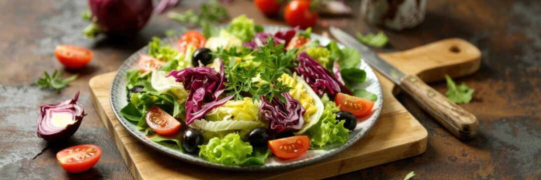 Salad of fresh vegetables on a white plate set on a wooden board. The salad consists of lettuce leaves, red cabbage, cherry tomatoes, white onion rings and olives. A banner with space for the text. - Powered by Adobe