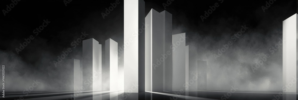 Aufkleber minimalist grayscale rendering of tall, rectangular structures shrouded in mist, illuminated from wi